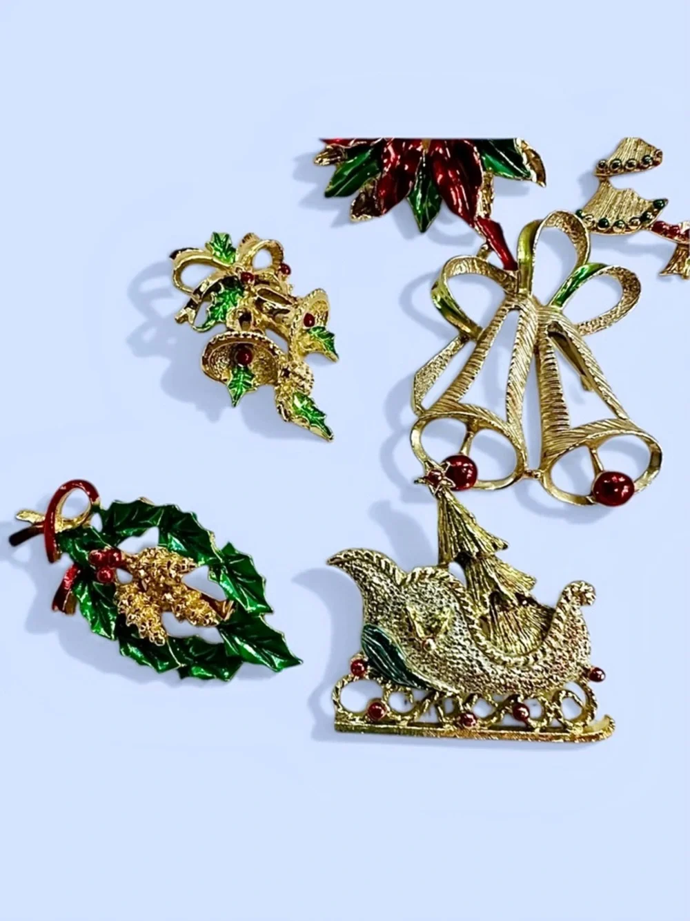Christmas Brooches Signed Gerry’s‎ Rhinestones Enamel Vintage EUC